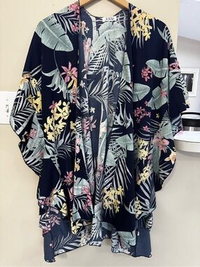 Jovie Women's Blue Tropical Floral Open Front Kimono Cover-Up Kimono Sleeve OS